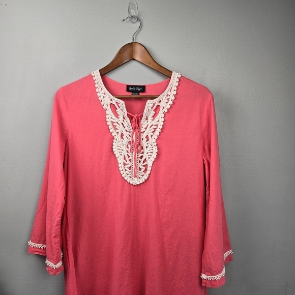 CHARLIE PAIGE Cotton Lightweight Lagenlook Blouse Tunic Pink White Womens Size M - Picture 2 of 12